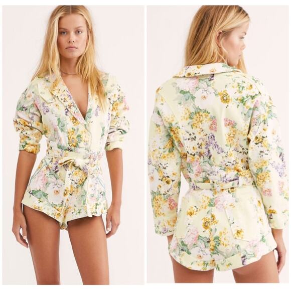 For Love & Lemons Chamomile Denim Floral Romper Buttercreme Size M Long Sleeves - Picture 1 of 16
